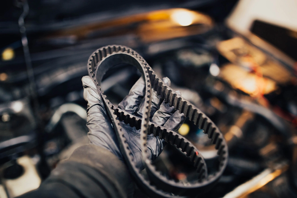 automotive timing belt in the hand of an auto mechanic.